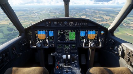 Cockpit view of a small plane in flight over farmland.