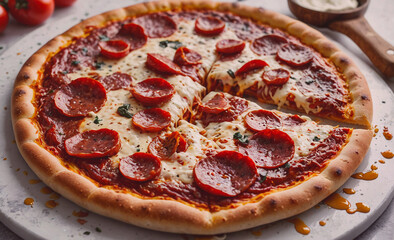 Poster - Pepperoni pizza with a slice missing. The pizza is on a white plate. There is a spoon on the right side of the plate