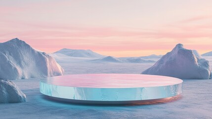 Poster - A serene icy landscape featuring a circular platform amidst snowy mountains and a pastel sky.