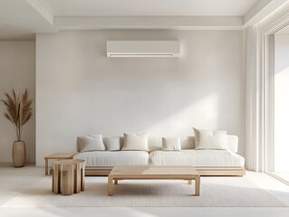 Poster - Modern Minimalist Living Room with Stylish Couch and Natural Decor Featuring Light Tones and Warm Atmosphere for Contemporary Home Design Inspiration