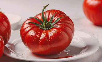 Aufkleber - Large red tomato sits on a white plate. The tomato is sliced in half and has a stem