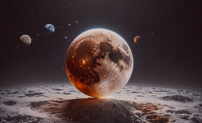 Poster - large planet with a moon and several smaller planets in the background. the moon is in the center of