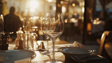 Poster - Elegant candlelit dinner setting with wine glasses and soft lighting in a cozy restaurant