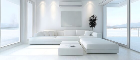 Poster - Modern Minimalist Living Room with Bright Natural Light and Elegant White Furniture Surrounded by Large Windows Offering Scenic Views