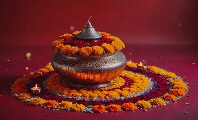 Poster - Large metal bowl with orange flowers on top. The bowl is on a red background. There are several candles in the bowl