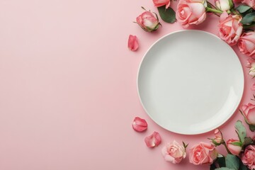 Wall Mural - Beautiful table setting with white plate and pink roses on pastel background for special occasions