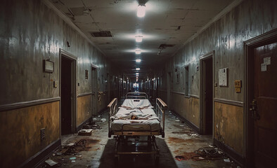 Poster - Hospital hallway with a bed on a cart. The bed is empty. The hallway is dark and dirty