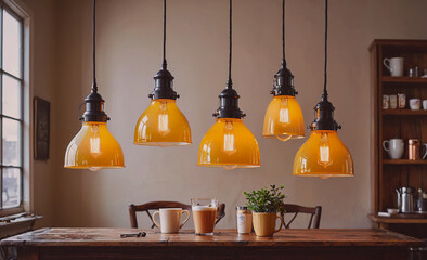 Aufkleber - Table with a few yellow lights hanging from the ceiling. There are two cups on the table, one of which has a coffee in it