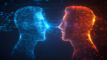 Poster - Digital heads exchange data with glowing lines and dots, representing futuristic communication and technology