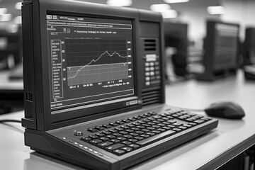 Poster - Black and White Image of a Computer with a Line Graph on its Screen