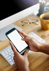 Poster - Phone, hands and woman with blank screen, computer and work from home with freelancer. Social media, app and notification at desk with mobile, texting and technology with internet search and mockup