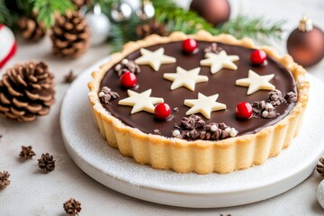 Wall Mural - Chocolate dessert tart decorated with stars and pine cones for a festive celebration