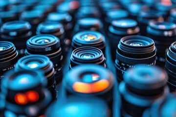 Poster - Close-up of Multiple Camera Lenses in Blue Lighting