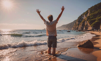 Aufkleber - Man is standing in the ocean with his arms raised. He is wearing a white shirt and blue jeans