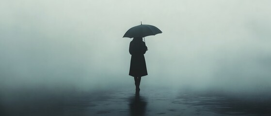 Poster - Mysterious Figure with Umbrella in Foggy Environment Creating an Atmospheric Mood of Solitude, Melancholy, and Reflection in the Rainy Season
