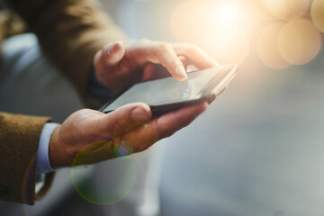 Poster - Scroll, hands and phone screen for mobile with connection, communication and internet as ux update. Person, technology and network for social media app, online and web for information as professional