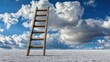 © starush - A wooden ladder stands tall against a backdrop of dramatic clouds and a vast, open landscape, AI