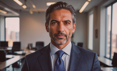 Poster - Man wearing a suit and tie is standing in front of a window. He is looking directly at the camera