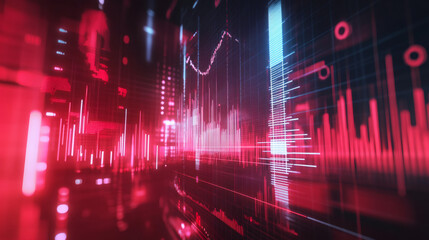 Poster - Dynamic visualization of financial market data: glowing lines and bars representing stock prices fluctuating on a digital interface