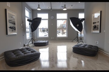 Poster - Photo Studio Interior with Lighting Equipment and Cushions