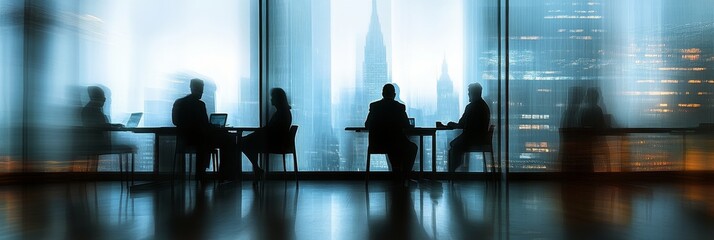 Wall Mural - Business professionals collaborating during sunset in a modern office setting