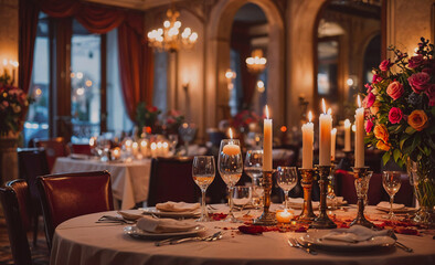 Poster - Table with a vase of flowers and candles. The table is set for a dinner party
