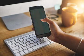 Aufkleber - mockup, phone screen and hands of business person in office for website news, social media and inter