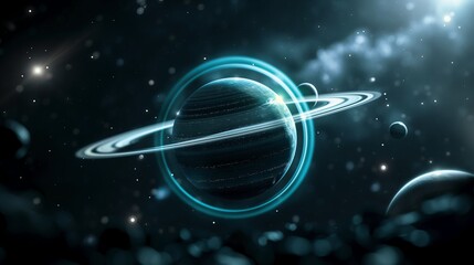 Aufkleber - Globe with rings in outer space with stars image. Gas planet exploring in cosmos environment photography scene wallpaper. Astrophysics science research concept photorealistic photo