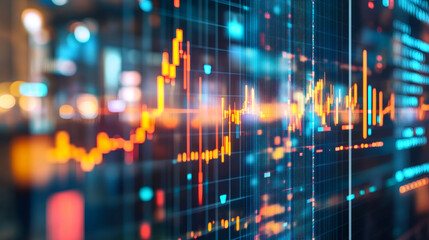 Poster - Glowing stock market chart on digital display showing rising profits with a defocused city background