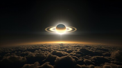 Aufkleber - Glaring ring planet hanging over heavy clouds image. Minimalist landscape with cosmic elements photography scene wallpaper. Undiscovered nature concept photorealistic photo