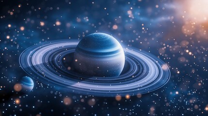 Aufkleber - Planets with cosmic particles rings in outer space image. Celestial body in glowing stars photography scene wallpaper. Breathtaking universe scenery concept photorealistic photo