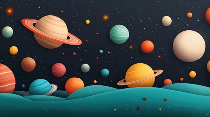 Aufkleber - Multicolor planets over mist clouds in space background image. Funny cosmos spheres childish illustration backdrop horizontal. Learning astronomy with kids wallpaper art concept