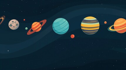 Aufkleber - Fantasy planetary system in dark space background image. Astronomy class for little children illustration backdrop horizontal. Colorful celestial bodies in cosmos wallpaper art concept