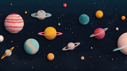 Aufkleber - Vibrant plants and gas giants in dark cosmos background image. Children teaching cosmic composition illustration backdrop horizontal. Universe spheres wallpaper art concept
