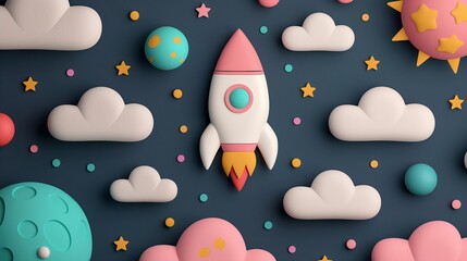 Aufkleber - Funny rocket flying among clouds in starry sky 3d rendering image. Children cosmic theme application background wallpaper colorful realistic. Primary school astronomy concept idea