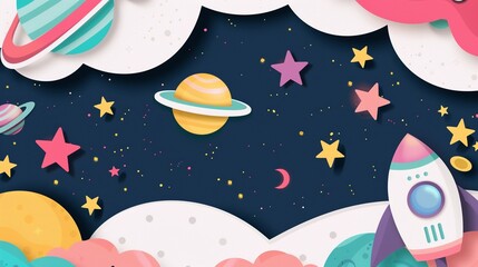 Aufkleber - Funny cosmos scene with rocket ship background image. Night sky stars and clouds childish style flat colorful illustration backdrop horizontal. Dreaming about space wallpaper art concept