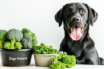 Happy black Labrador retriever sitting next to fresh bowls of broccoli and parsley, promoting natural and healthy dog food with a cheerful and vibrant look