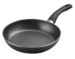 Empty non-stick frying pan on a white background, showcasing its smooth surface and sleek design in close-up view 