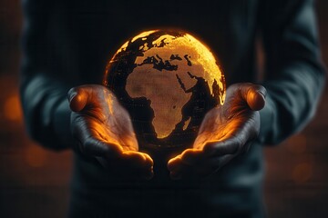 Poster - Man's hands grasp a blue Earth, representing global connections and data sharing