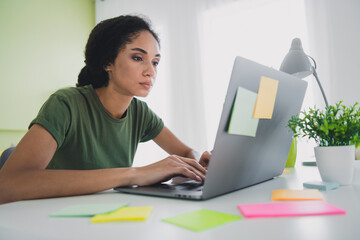 Wall Mural - Photo of nice young girl working netbook wear green clothes enjoy modern cozy interior flat home office indoors