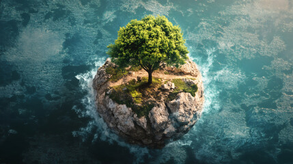 Poster - Aerial view of a single, vibrant green tree flourishing on a small, rocky island amidst a vast expanse of blue ocean water