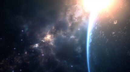Aufkleber - glowing nebula near planet on dark space image. gas formation with sparks and globe atmosphere photo