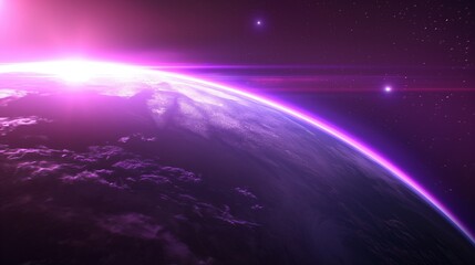 Aufkleber - planet orbit lit by pink neon light image. fantastic outer space landscape at purple sunrise photogr