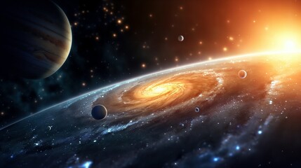 Aufkleber - Spiral galaxy and planets in starry sky image. Composition of celestial bodies in space photography scene wallpaper. Glowing clusters in expanse concept photorealistic photo