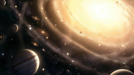 Aufkleber - Brightly glowing galaxy and planets in darkness image. Amazing luminous star dust cluster in space photography scene wallpaper. Cosmos depth objects concept photorealistic photo