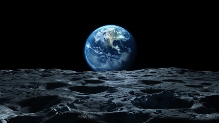 Wall Mural - blue earth globe in darkness view from moon image. solar system celestial body and asteroid photogra