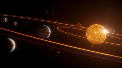 Aufkleber - Hot glowing star in center of planetary system 3d rendering image. Fantastic planets cluster with sun background wallpaper colorful realistic. Cosmos discovery concept idea