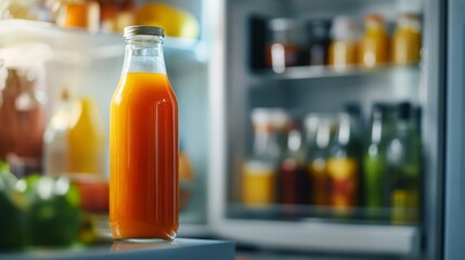 Poster - A glass bottle of vibrant orange juice stands on a kitchen counter. Behind it, a refrigerator is filled with an array of colorful fruits and vegetable juices.