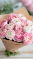 Wall Mural - Beautiful bouquet of pink and white ranunculus flowers in elegant wrapping