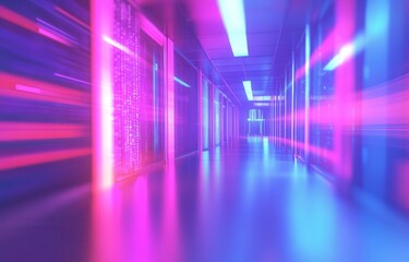 Poster - 3D rendering of a data center room with bright bokeh light streaming through the corridor